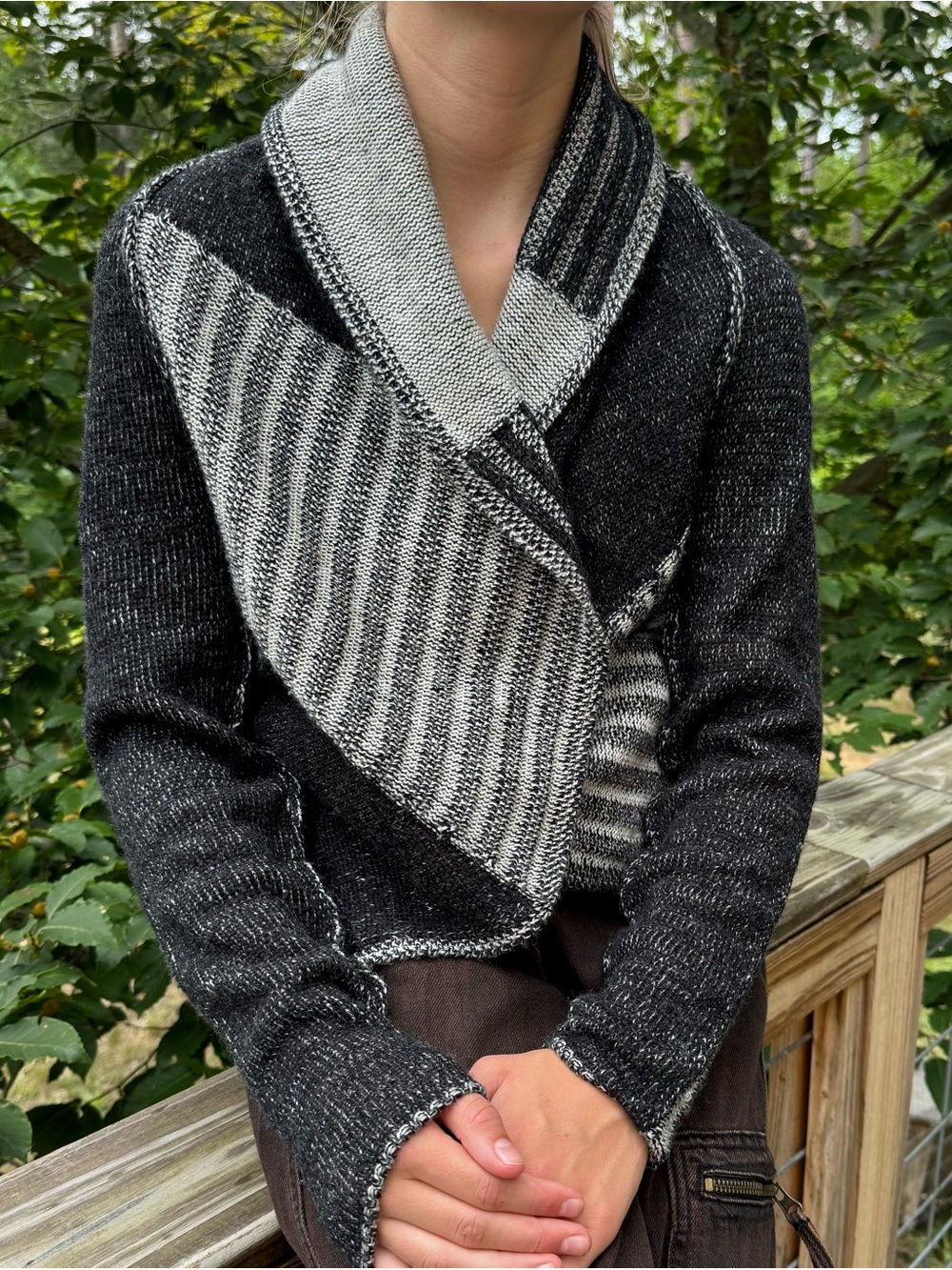 CAbi Black and Gray Striped Shawl-Collar Cardigan Sweater